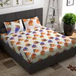 Story@Home 100% Cotton 144 TC Floral Pattern Double Bed Sheet with 2 Pillow Covers for Queen & Double Size Bed, White and Purple