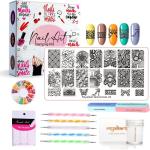 Royalkart Nail Art Kit For Girls 5 Dotting Pen Stamping Plate,Silicone Nail Stamper,Scraper,Nail Art Buffer,Fimo Clay Wheel,Finger Tip Guide 10 Stripping Tapes