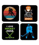 Whats Your Kick I Love Hockey Hugs Printed Set of 4 Coasters With Beautiful Metal Stand