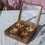 PHIRKCRAFT Wooden Dry Fruit Box with Four Sections For Multi-purpose Use, Glass Lid (8.5x3.5) inches Pack Of 1
