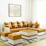Kendalwood Furniture 8 Seater Sofa Set, 2 Ottoman, 6 pillow With Coffee Table Fabric 3 + 2 + 2 + 1 Sofa Set (Orange & White, Pre-assembled)