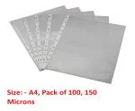 SVS Transparent A4 Size Document Sleeves 150 Micron Thickness Leaf Waterproof Clear Sheet Protector 11 Holes Punched Ring Files - Pack of 100