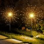 GIGAWATTS Outdoor 90 LEDs Solar Firework Light 2 Lightning Modes Starburst Design Water Resistant Garden StringLights for Party Decor Patio Lawn Yard (Warm Yellow, Pack of 2)