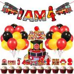 Zyozique 37 Pcs Fireman 4th Birthday Combo, Firefighter Theme Selfie Props, Fire Truck 4th Birthday Party Supplies, Fire Fighter Photography Backdrop Decorations,Banner,Cake Topper,Cup Cake Topper,Balloon