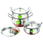 JVL Silver Stainless Steel Cookware And Serveware Essential Utensil Pot Handi Set With Lid 750ml, 1100ml, 1700ml (Pack of 3)
