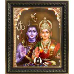 pujaNpujari Lord Shiva Parvati Gold Photo Frame for Wall Hangings and Pooja Room (L * H : 11.5 X 13.6 Inches) Religious Frame