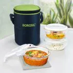 Borosil Alfa Green Borosilicate Glass Lunch Box Set of 3 (400 ml Each) With Lunch Bag, Round, LunchBox For Office & College, Microwave Safe, Leak Proof