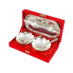 ROYALSTUFFS Silver Plated & Polished Lotus Design Set of 2 Bowl with 2 Spoon & 1 Tray, Diwali Festive Gifts Item