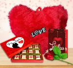 Midiron Romantic Gift for Girlfriend/Wife/Husband/Boyfriend |Anniversary Love Gift Combo | Valentines Love Gift with - Handmade Chocolate Box, Heart Red Cushion, Artificial Red Rose & Love Greeting Card
