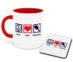 Whats Your Kick Table Tennis Theme Peace Love Ping Pong Design Printed Dark Blue Ceramic Coffee Mug with Coaster and Tea Mug