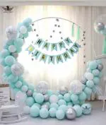 Perfect Party Happy Birthday Decoration Kit 55 Pcs Combo Pack for Boys, Girls - Happy Birthday Banner, Silver Confetti Balloons, Silver Chrome Balloons, Blue Pastel Balloons