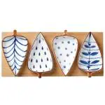 Nestasia Contemporary Leaf-Shaped Ceramic Blue and White Glossy Serving Platter with Wooden Board for Serving Sweets, Cookies, Dry Fruits and Other Snacks (Set of 1 Tray and 4 Small Plates)