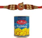 Yuvraj Multicolor Rakhi For Single Brother Stone Rakhi With Sweets Rajbhog Mithai Bikaneri Sweets 1 Kg Tin Pack, Roli chawal pack