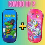 SHANAYA Combo of 2 Pencil Pouch for Girls| Pencil Pouch for Boys| 3D Hardtop Embossed Cute Cartoon Singing Crocodile Unicorn Smiggle EVA Pencil Case Stationery Items