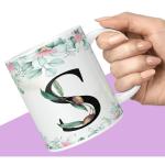CHHAAP Colorful Floral Alphabet Letter S Printed Coffee Mug for Girls Boys Friends Love Kids Best Gift for Birthday Anniversary Initial Letter S,350 Millilitre, Ceramic