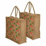 Kuber Industries Shopping Bag|Jute Eco-Friendly & Reusable Grocery Bag|Hand Bag Strawberry Print With Zip & Handle for Daily Use|16x15 Inch|Pack of 2 (Brown)