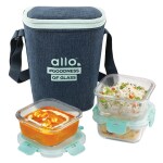 Allo FoodSafe 310ml x 3 Glass Lunch Box with Break Free Detachable Lock | 450 Degree Oven Safe Microwave Safe High Borosilicate | Office Tiffin with Denim Blue Bag | Set of 3 Square