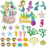 Festiko 39 Pcs Mermaid Cupcake Topper Glitter Mermaid Theme Birthday Cake Topper With Starfish Conch Seahorse Shell And Seaweed For Birthday Decoration, Wedding, Mermaid Cake Decorations