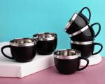 SUGAR Homeware Clara Stainless Steel Double Wall Travel Tea Coffee Cup 150 ml Pack of 6 ( Black )