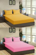 VORDVIGO Combo Pack of Glace Cotton Satin Stripes Plain Color 2 Bedsheets for Double Bed with 4 Pillow Covers, Size 90 x 90 Inch, Color- Yellow & Baby Pink
