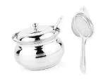 BLUE WONDER Stainless Steel Multipurpose Ghee Pot/Pickle Container with Spoon With Stainless Steel Tea Strainer and (Multicolour, Pack of 2)