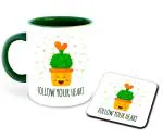 Whats Your Kick Gardening Theme Follow Your Heart Design Printed Dark Green Ceramic Coffee and Tea Mug 325 ml with coaster