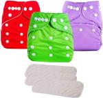 Mom's Pride Multicolor Polyurethane Laminate Reusable Solid Pocket Cloth Diapers With Inserts (Pack Of 3)