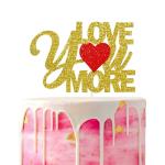 Festiko Gold Glitter Love You More Cake Topper, Be Mine Cake Topper, Bridal Shower, Wedding Anniversary Cake Decor, Valentines Day Party Decorations Supplies