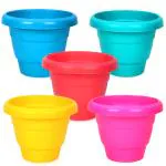 JOREN Combo of 5 Multicolour 8 Inch Plastic Flower Pots | Small Planter | Decorative Gamla | Nursery Plant Container | Balcony Plant Container for Indoor & Outdoor Gardening Needs