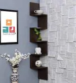 Furniture Cafe Wooden Wall Shelves | Corner Hanging Shelf for Living Room Stylish | Zig Zag Home Decor Floating Display Rack Storage Organizer Unique Design with Dark Brown Finish 5 Tiers