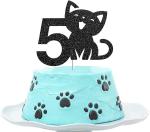 Zyozique Cat Five Cake Topper, Happy 5th Birthday Cake Decor, I'm Five Sign, Kitty Birthday Party Decoration Supplies, Meow Sign - Black Glitter