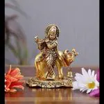 SV Traders Metal Krishna Ji with Kamdhenu Cow Idol 7 x 7 x 10 cm Gold, 1 Piece
