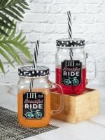 Market 99 Glass Mason Mug With Straw Transparent Sipper Tumbler Water Bottle For Juice Milk Soft Drink Jar Container Printed Polka Dot Aqua Set Of 2-450 Ml