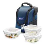 Treo By Milton Health First Square Glass Tiffin Box with Cover, 300 ml, Set of 3, Transparent