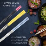 Hichaki 3 Pairs Metal Stainless Steel Chopsticks & Alloy Flower Pink Chopstick - Reusable Chop Sticks for Noodles Sushi Hotpot Square Grip to Hold Food Perfectly Lightweight Korean Chinese