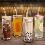 SIDS CREATION Drinking Glasses Tumbler Set of 1 with Bamboo Lids and Straws, Clear Fluted Textured Vertical Stripe Glass Sipper Iced Coffee Cups for Cocktail, Beverage