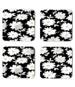 Whats Your Kick Flowers Beautiful White Flower And Black Background Flower Design Printed Set of 4 Coaster With Metal Stand