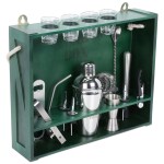 Bar Box Bartender Kit: 19-Piece Bar Tool Set with Rustic Wood Stand (Green Stand) (Silver)