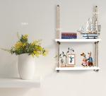 Vah White Wooden Wall Hanging Shelf Rustic Rope Shelves Plant 2 Tier