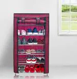 PHILOSHOP 6 Layer Metal Shoe Rack, Foldable Shoe Stand with cover (Maroon)