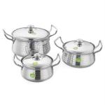 JVL Silver Stainless Steel Cookware And Serveware Essential Utensil Pot Handi Set With Lid 850ml, 1300ml, 2200ml (Pack of 3)