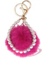 IACCESSORIES Fluffy Soft Faux Fur Pearl Pom Pom Keychain - Hot Pink Key Ring Charm for Stylish Bags, Cars, Scooters, Bikes, and Home Keys