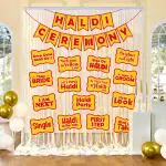Zyozique Haldi Ceremony Decoration Set | Haldi Decoration Items For Home Bride - Haldi Ceremony Banner, Photo Booth Props & White Net Curtains (Pack