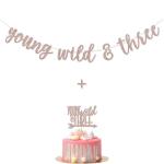 Festiko Young Wild Three Banner Sign For Wild Three Boho Tribal Themed 3rd Birthday Party Supplies (Rose Gold)