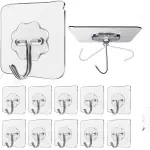 CUVLY Adhesive Hooks Kitchen Wall Hooks-Heavy Duty 13.2lb(Max) Nail Free Sticky Hangers with Stainless Hooks Reusable Utility Towel Bath Ceiling Hooks-10 pcs, Plastic