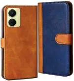 AmericHome Vivo Y16, V2204, V2214 Blue, Brown Artificial Leather, Silicon Mobile Back Cover