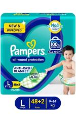 Pampers All round Protection Large Size Baby 48+2 Diapers, Lotion with Aloe Vera - L (50 Pieces)