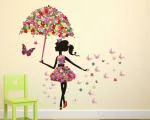 LANSTICK Multicolor Girl with Umbrella Colorful Butterflies Self Adhesive Wall Sticker