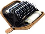 Stealodeal Tan RFID Protected Leather Zipper Case 10 Card Holder (Set Of 1)