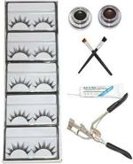 Lenon Beauty 5 Pair Eyelash,Eyelash Glue,Eyelash Curler, Gel Eyeliner Black and Brown pack of 5 (4 Items in the set)
